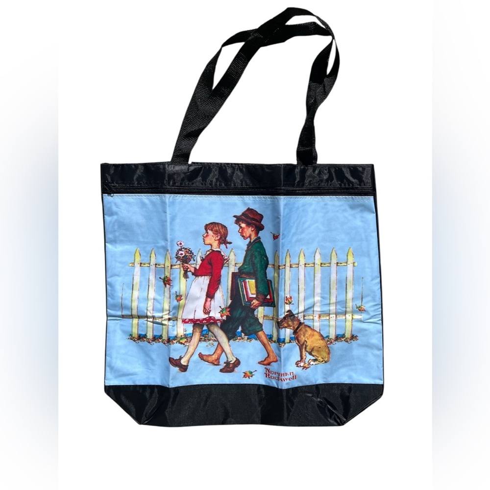 Norman Rockwell Print Tote Bag Black Nylon Large Bag Carry All